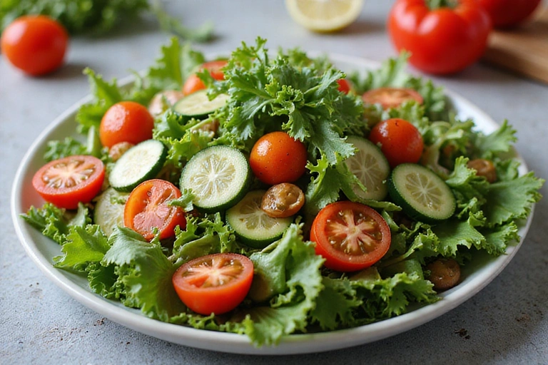A vibrant salad with various fresh vegetables and a light dressing, symbolizing healthy eating.