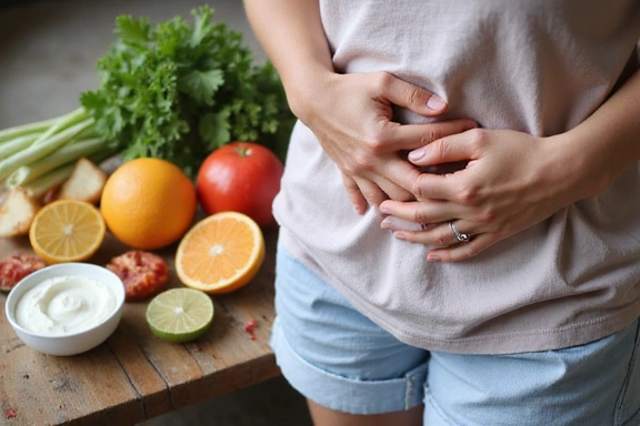 A person holding their stomach, indicating digestive discomfort, with a backdrop of healthy gut-friendly foods.
